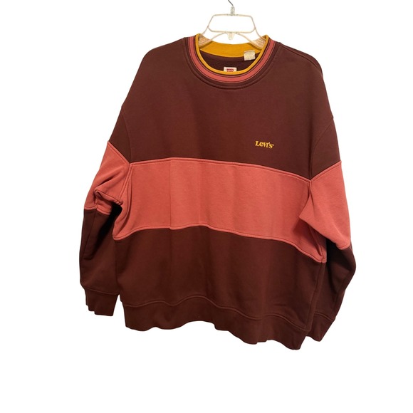 Levi's Mens XL Relaxed Fit Crew Neck Color Block Sweatshirt Pullover Burgundy - Picture 1 of 8